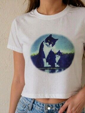American Apparel White Cat Graphic Crop Tee - Pet Lover T-Shirt L Kids XS Adult
